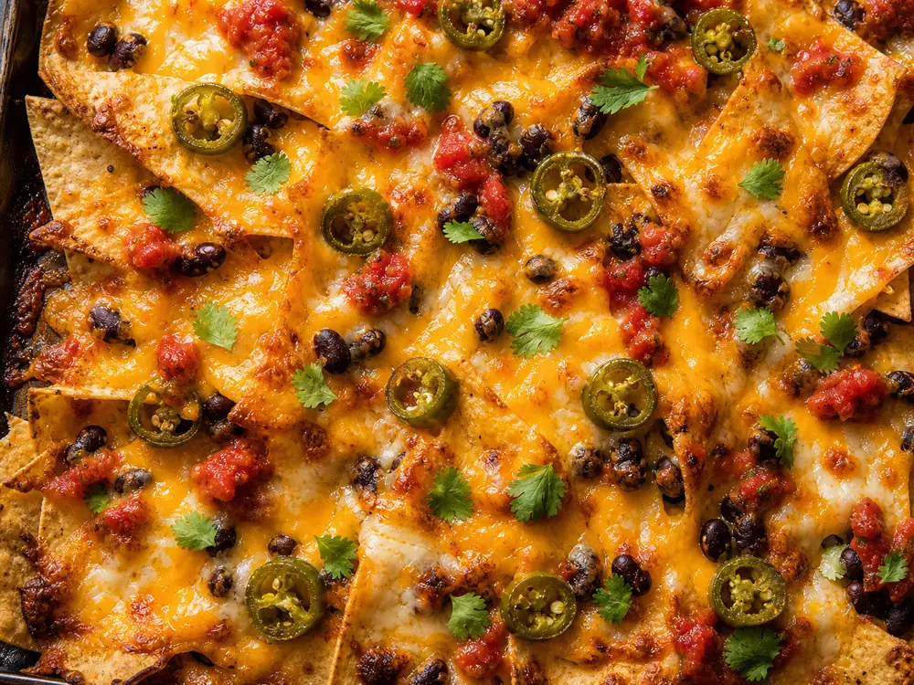 Finished tray of nachos with browned cheddar patches, smoother Monterey Jack melt, jalapenos, beans, and salsa - Best cheese for nachos | KnowTheCheese