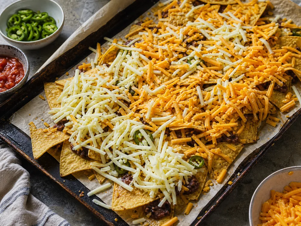 Layered nachos before broiling with visible Monterey Jack and cheddar shreds over chips, beans, and jalapenos - Best cheese for nachos | KnowTheCheese