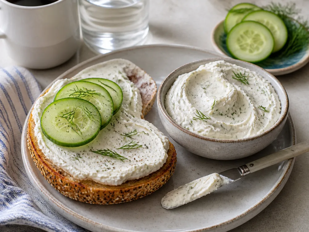 American Neufchatel spread on bagel with herbs - Neufchatel Cheese | KnowTheCheese