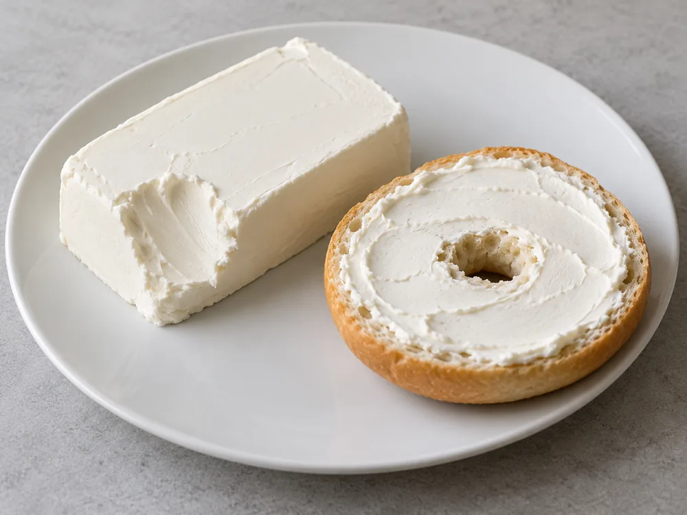 Plain white block of soft fresh cheese beside a bagel half spread with it - Neufchatel Cheese | KnowTheCheese