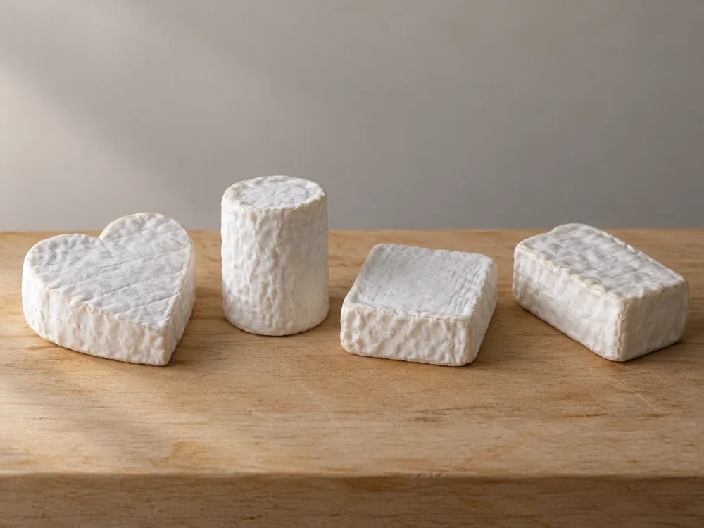 Four small white bloomy-rind cheeses shaped as a heart, a cylinder, a square and a brick - Neufchatel Cheese | KnowTheCheese