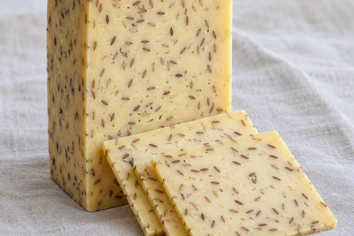 Upright block of Nokkelost with a cut face and thin slices showing spice seeds - Nokkelost | KnowTheCheese