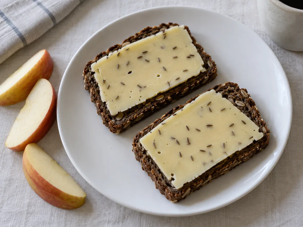 Thin slices of seeded cheese on dark bread with apple