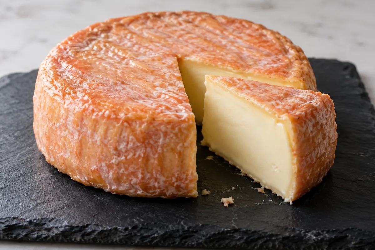Round cheese with an orange-pink washed rind and a cut wedge on slate - Ogleshield | KnowTheCheese