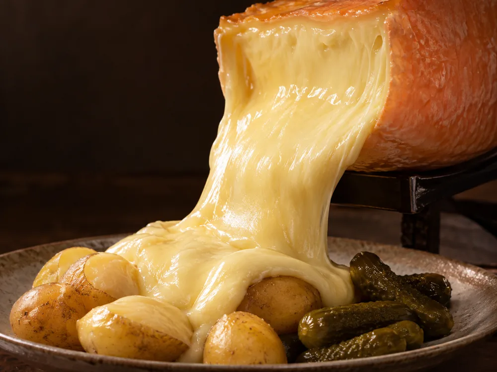Melted cheese from a half-wheel on a raclette stand over boiled potatoes and cornichons - Ogleshield | KnowTheCheese