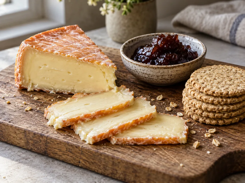 Sliced orange-rind cheese with damson paste and oatcakes on a wooden board - Ogleshield | KnowTheCheese
