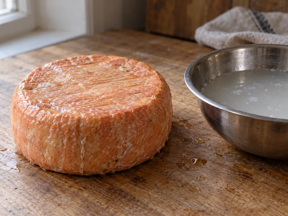 Round cheese with a moist orange-pink rind beside a metal bowl of cloudy salt water on a wooden counter - Ogleshield | KnowTheCheese