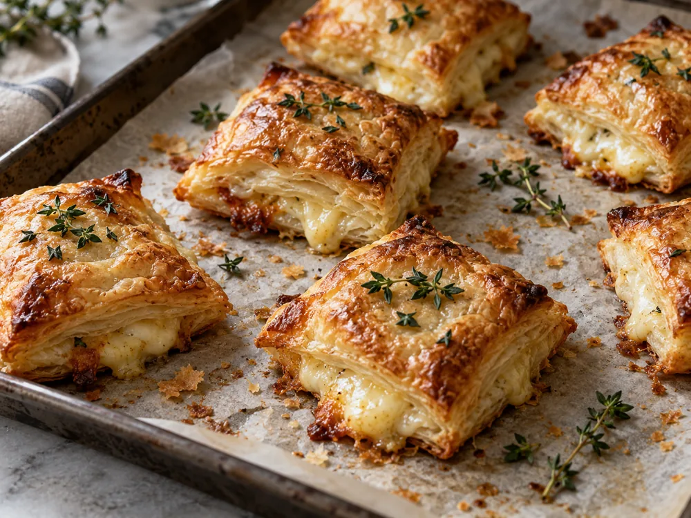 Baked puff pastry squares with melted cheese and thyme on a baking tray - Ogleshield | KnowTheCheese