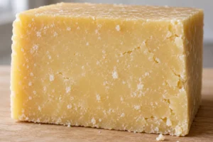 Cut block of hard aged cheese with white crystal flecks - Old Winchester | KnowTheCheese