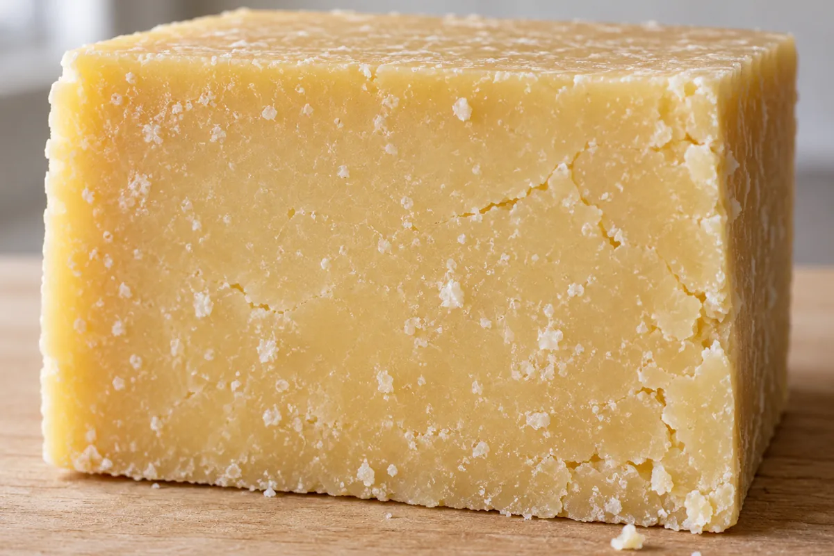 Cut block of hard aged cheese with white crystal flecks - Old Winchester | KnowTheCheese