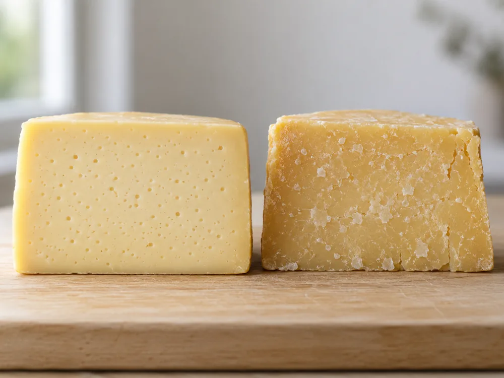 Two cut blocks of cheese side by side, one smooth with tiny holes and one dry with white crystal flecks - Old Winchester | KnowTheCheese