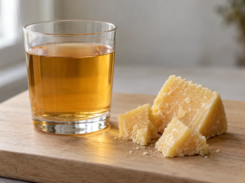 Glass of amber cider beside small pieces of hard crystalline cheese - Old Winchester | KnowTheCheese