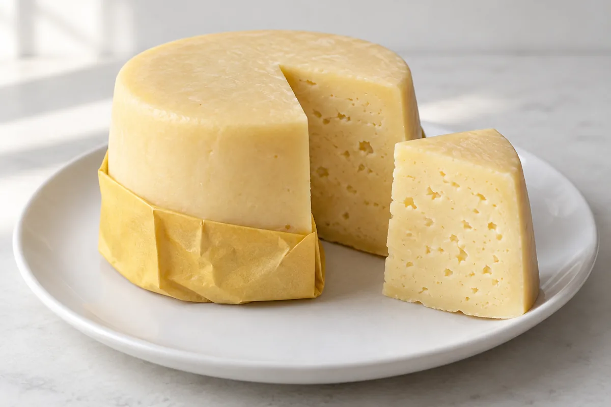 Illustration of a short cylinder of pale yellow Oltermanni in a yellow wrapper with one wedge cut out to show small holes - Oltermanni | KnowTheCheese
