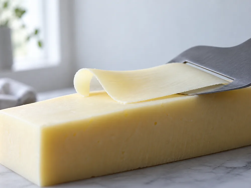 A Nordic cheese plane peeling a thin wide sheet from a block of Oltermanni - Oltermanni | KnowTheCheese