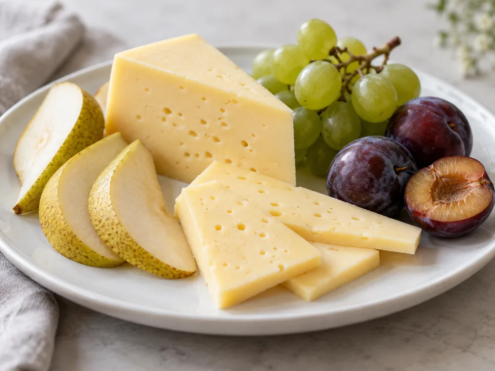 Wedge and slices of pale rindless semi-soft cheese with small holes beside pear slices, grapes and plums on a white plate - Oltermanni | KnowTheCheese