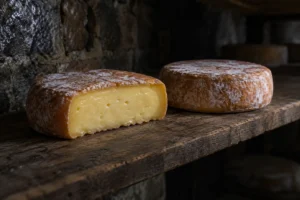 Two small washed-rind cheese wheels on a wooden shelf, one halved to show the paste and a few small holes - Oma | KnowTheCheese