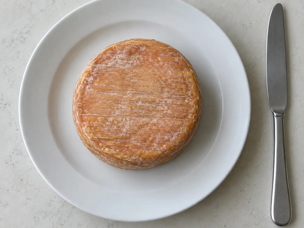 A whole round washed-rind cheese on a white dinner plate beside a table knife - Oma | KnowTheCheese
