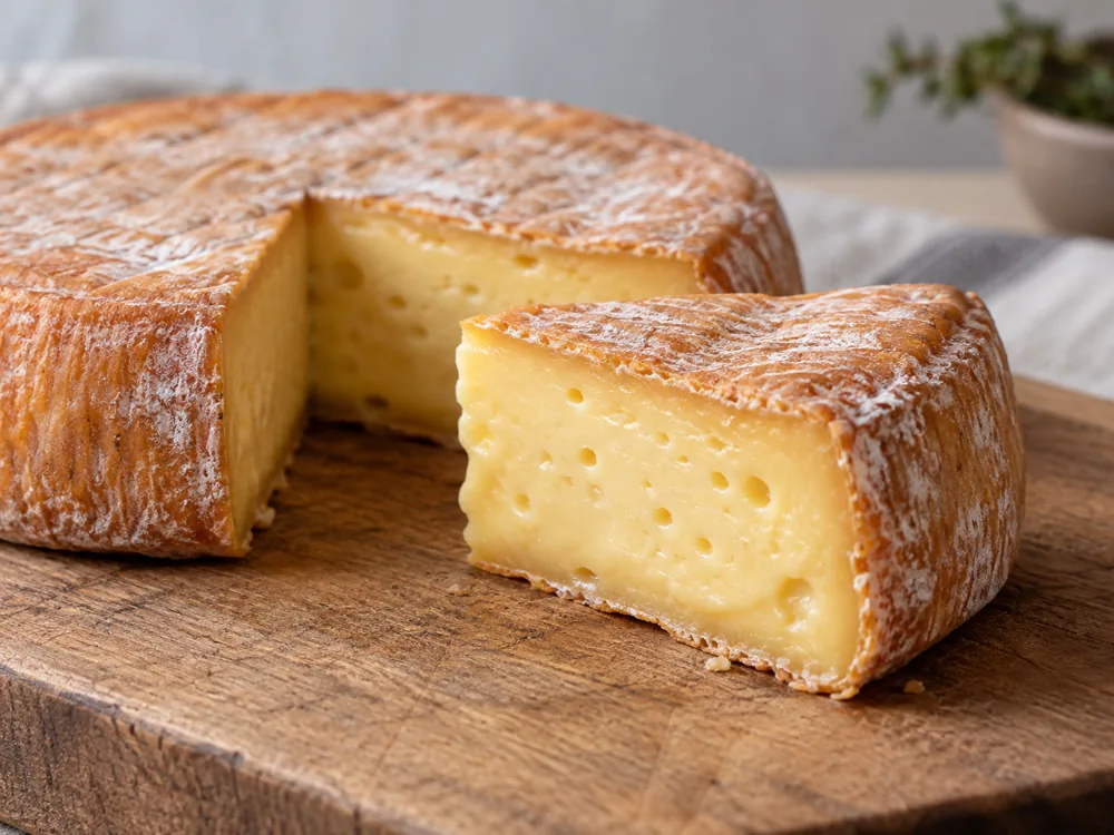 A wedge cut from a washed-rind round on a wooden board, showing golden paste with small eyes under a thin orange rind - Oma | KnowTheCheese