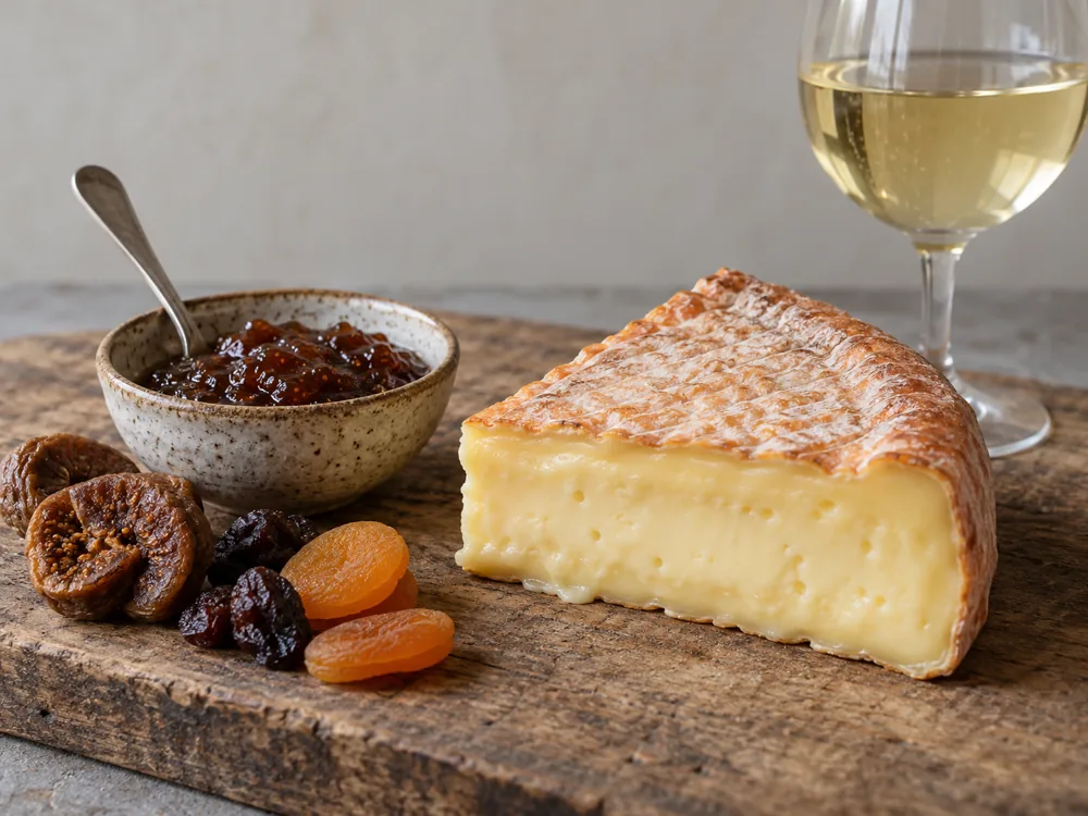 A wedge of washed-rind cheese on a wooden board beside a bowl of fig jam, dried figs and apricots, and a glass of white wine - Oma | KnowTheCheese