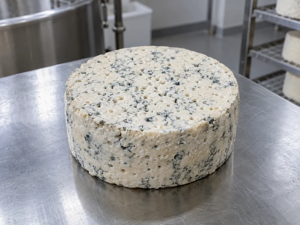 Round blue cheese wheel with small holes in its flat top on a stainless steel table - Oregon Blue | KnowTheCheese