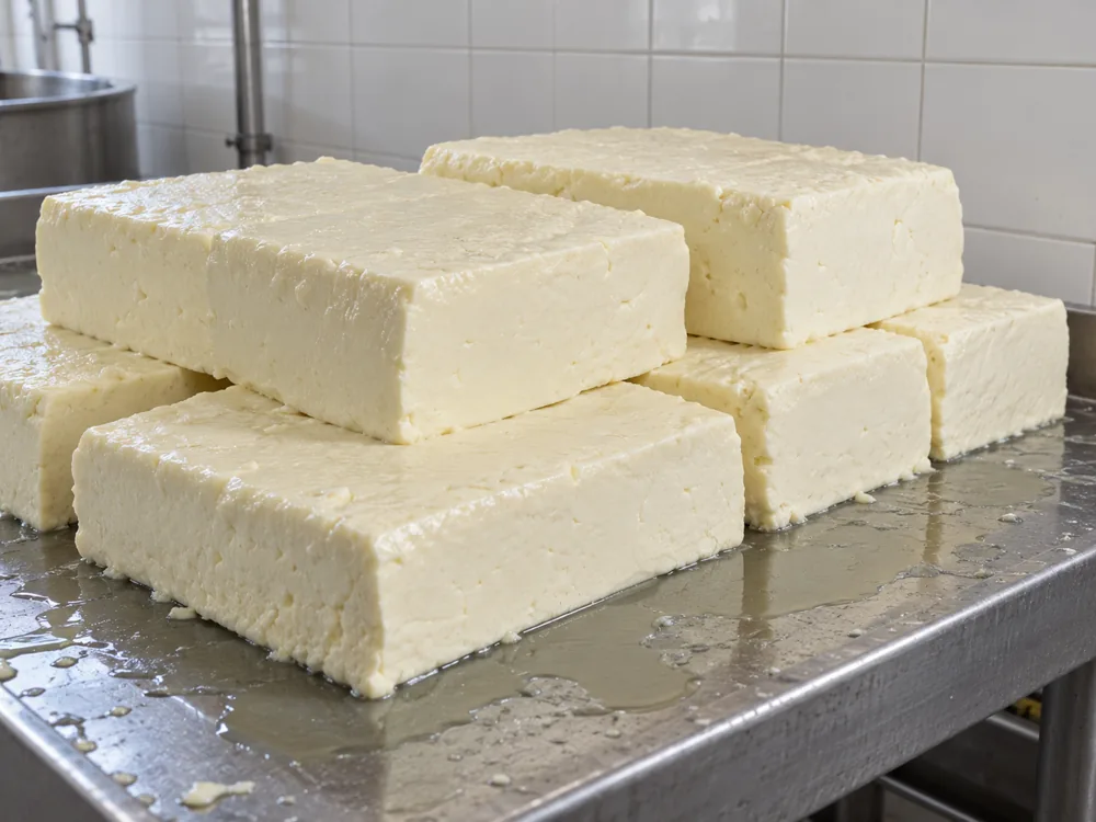 Pale slabs of cheddar curd piled in layers on a wet stainless steel table - Organic Cheddar | KnowTheCheese
