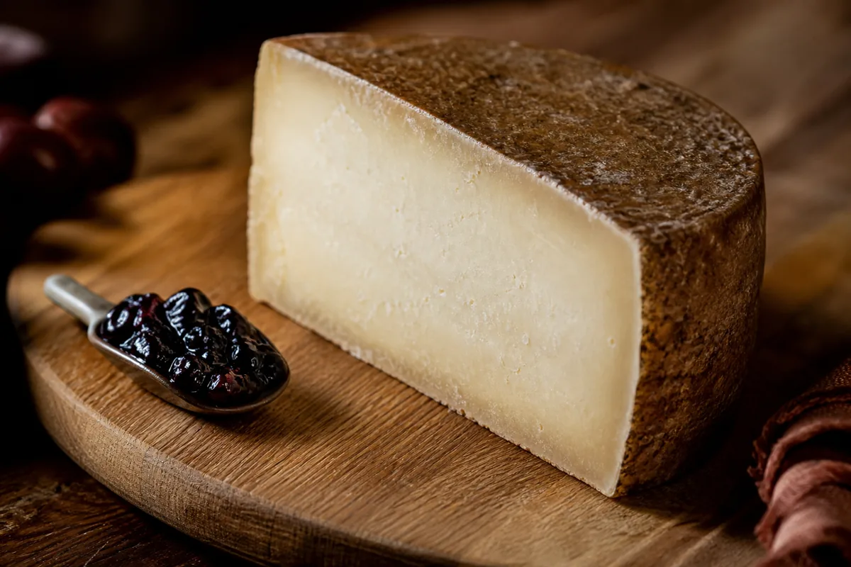 Wedge of Ossau-Iraty with firm ivory paste and brown rind - Ossau-Iraty cheese | KnowTheCheese