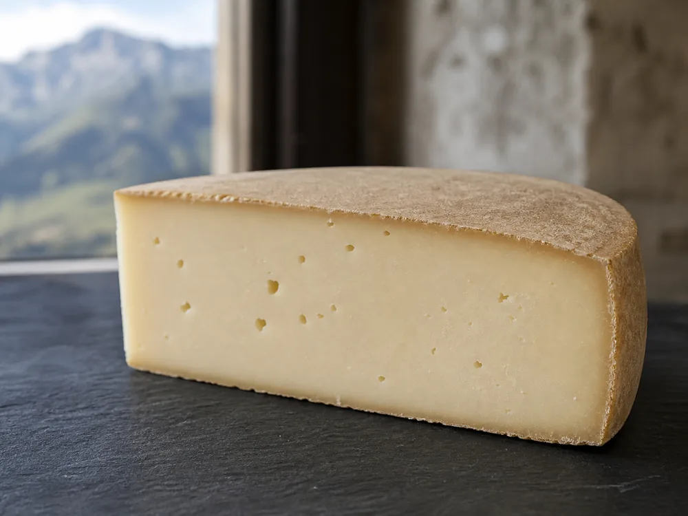 Ossau-Iraty wedge showing smooth ivory sheep's milk paste and a natural rind - Ossau-Iraty | KnowTheCheese