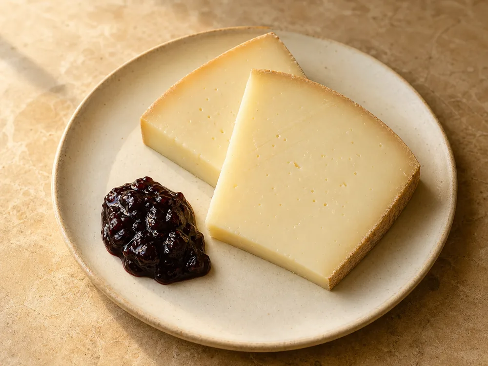 Ossau-Iraty slices served beside a modest spoonful of black cherry jam - Ossau-Iraty | KnowTheCheese