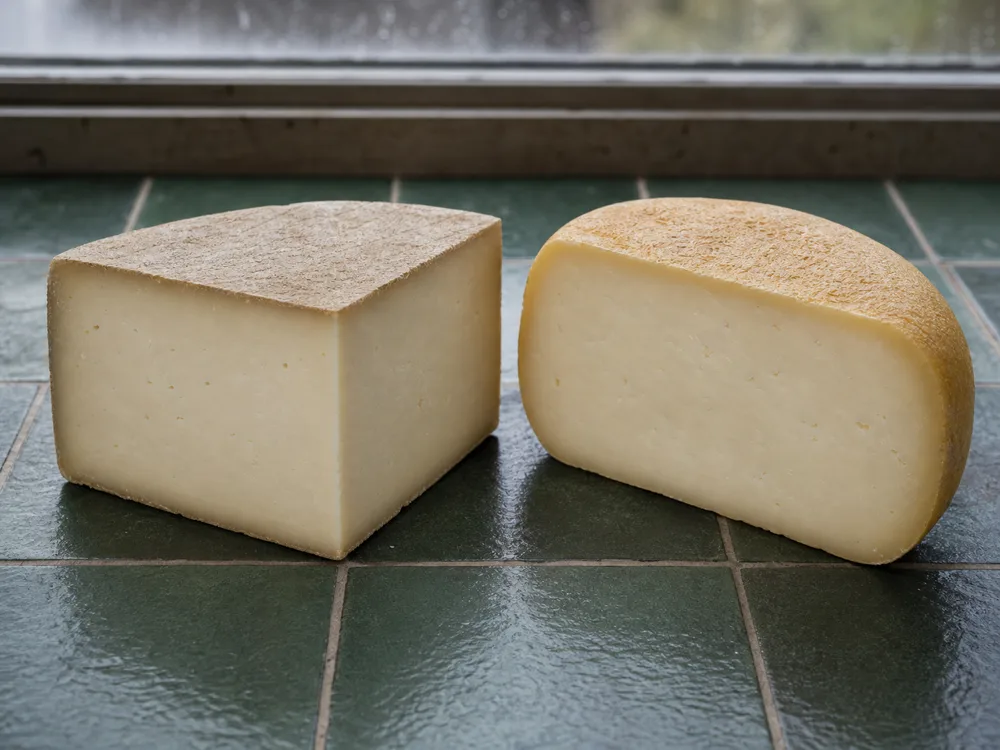 Angular Basque-style Ossau-Iraty beside a rounder Bearn-style wedge - Ossau-Iraty | KnowTheCheese