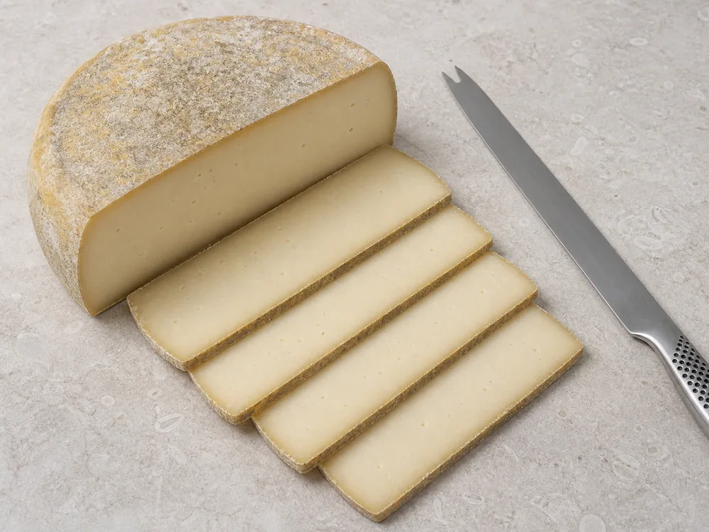 Ossau-Iraty wedge cut into even thin slices beside a long cheese knife - Ossau-Iraty | KnowTheCheese