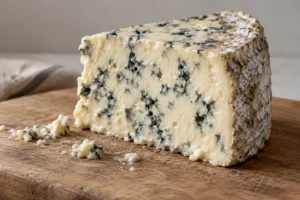 Illustration of a cut wedge of blue cheese with a smooth, creamy paste and blue veining - Oxford Blue | KnowTheCheese