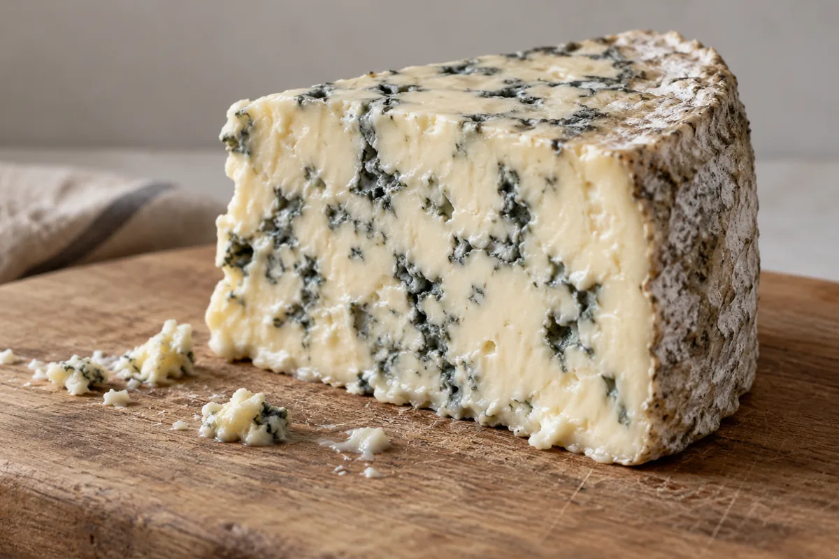 Illustration of a cut wedge of blue cheese with a smooth, creamy paste and blue veining - Oxford Blue | KnowTheCheese