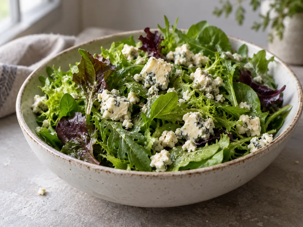 Crumbled blue cheese over a bowl of fresh salad leaves - Oxford Blue | KnowTheCheese