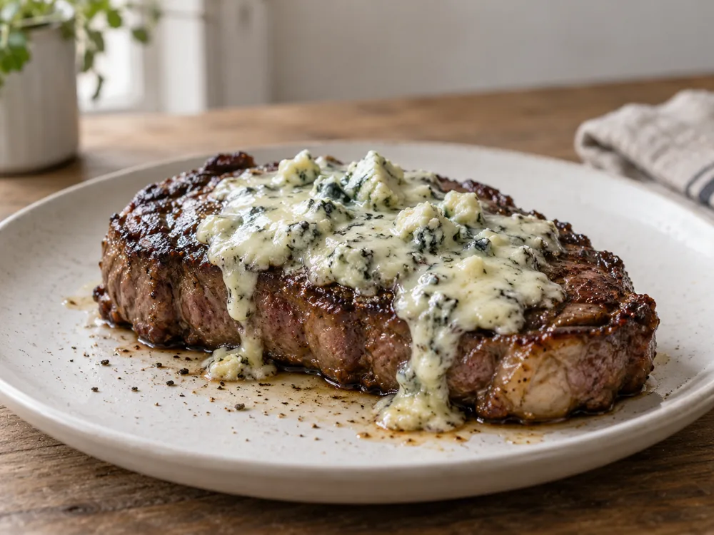 A seared steak on a plate with soft blue cheese melted over the top - Oxford Blue | KnowTheCheese