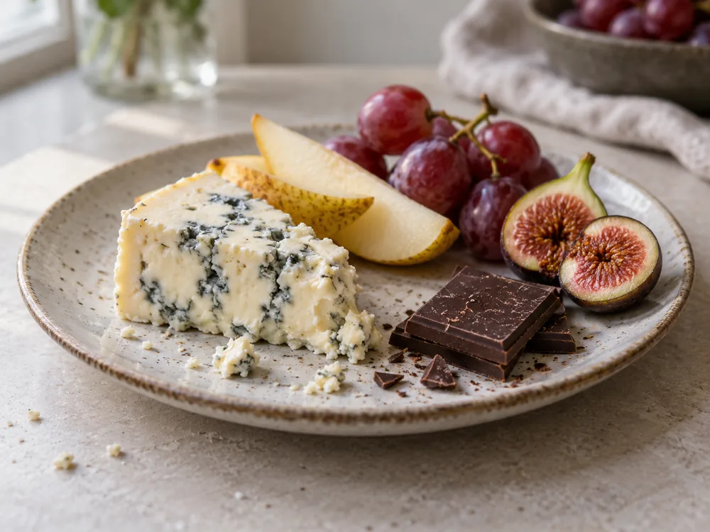 A piece of blue cheese on a plate with pear slices, grapes, a halved fig and squares of dark chocolate - Oxford Blue | KnowTheCheese