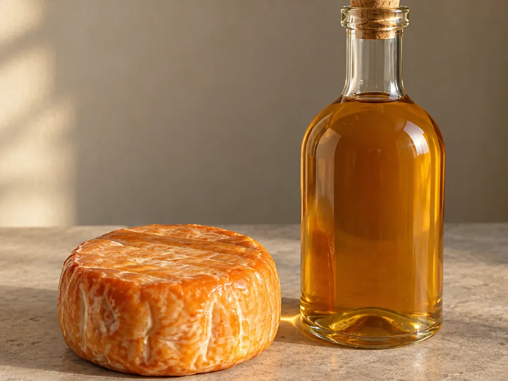 Oxford Isis cheese beside a bottle of the honey mead used to wash its rind - Oxford Isis | KnowTheCheese