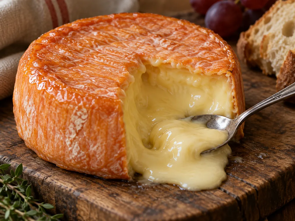 A ripened Oxford Isis served with a spoon, showing its gooey interior - Oxford Isis | KnowTheCheese