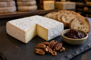 Square bloomy rind cheese cut open with pear bread and pecans - Pack Square | KnowTheCheese