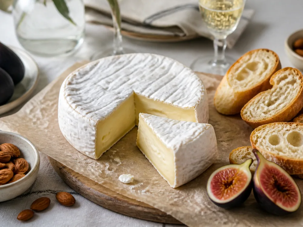 Pack Square style bloomy rind cheese served with figs bread and nuts - Pack Square | KnowTheCheese