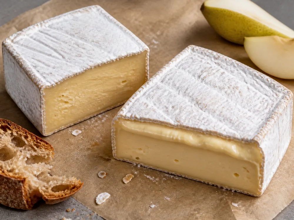 Square bloomy rind cheese wedges showing cream line and firmer core - Pack Square | KnowTheCheese