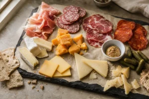 Cheese and meat pairing board with salami, prosciutto, chorizo, Brie, Gouda, cheddar, Manchego, and Parmesan - cheese and meat pairing | KnowTheCheese
