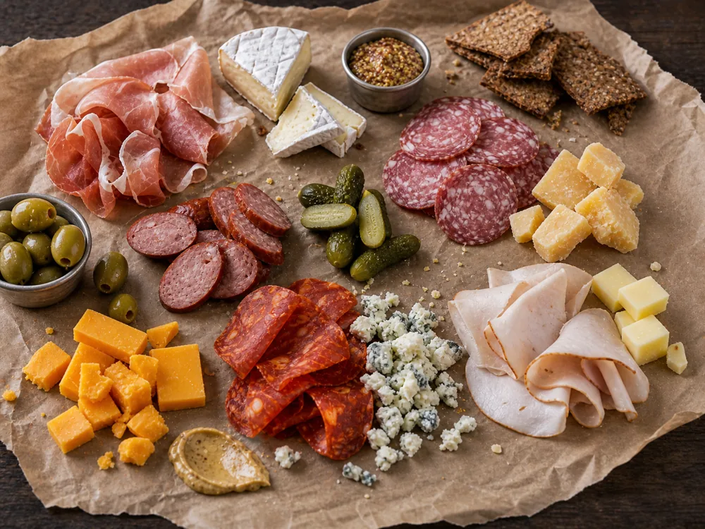 Meat and cheese pairing clusters with cured meat, salami, smoked sausage, cheddar, Brie, Gouda, blue cheese, pickles, mustard, and crackers | KnowTheCheese