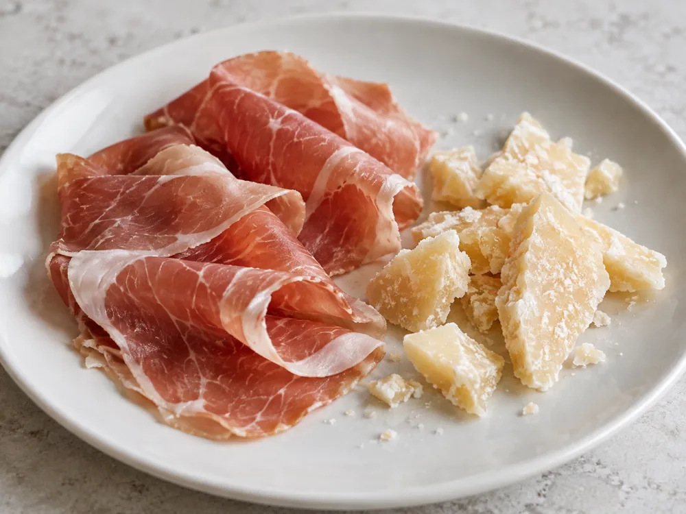 Thin folded ham slices beside crumbly Parmesan-style shards on a white plate - prosciutto and Parmesan | KnowTheCheese