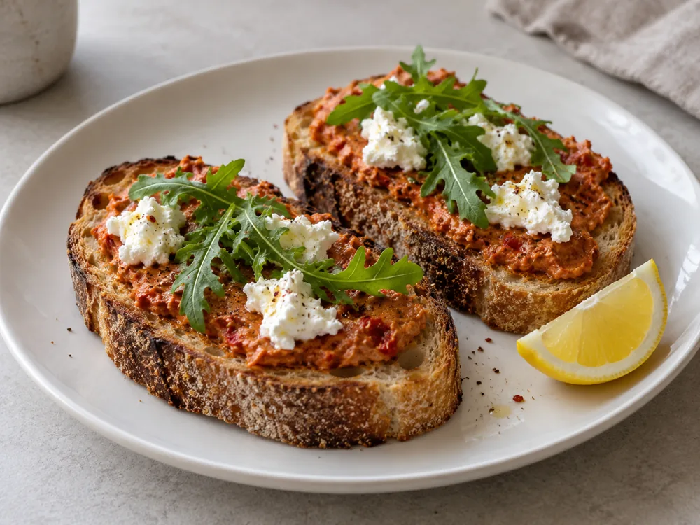 Sourdough slices spread with spreadable cured pork, fresh goat cheese, and arugula beside a lemon wedge - 'nduja and chèvre | KnowTheCheese