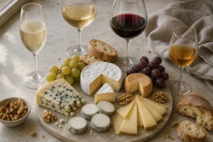 French wine and cheese pairing board with goat cheese, Brie, washed-rind cheese, Comte, blue cheese, walnuts, grapes, bread, and wine glasses - French wine and cheese pairing | KnowTheCheese