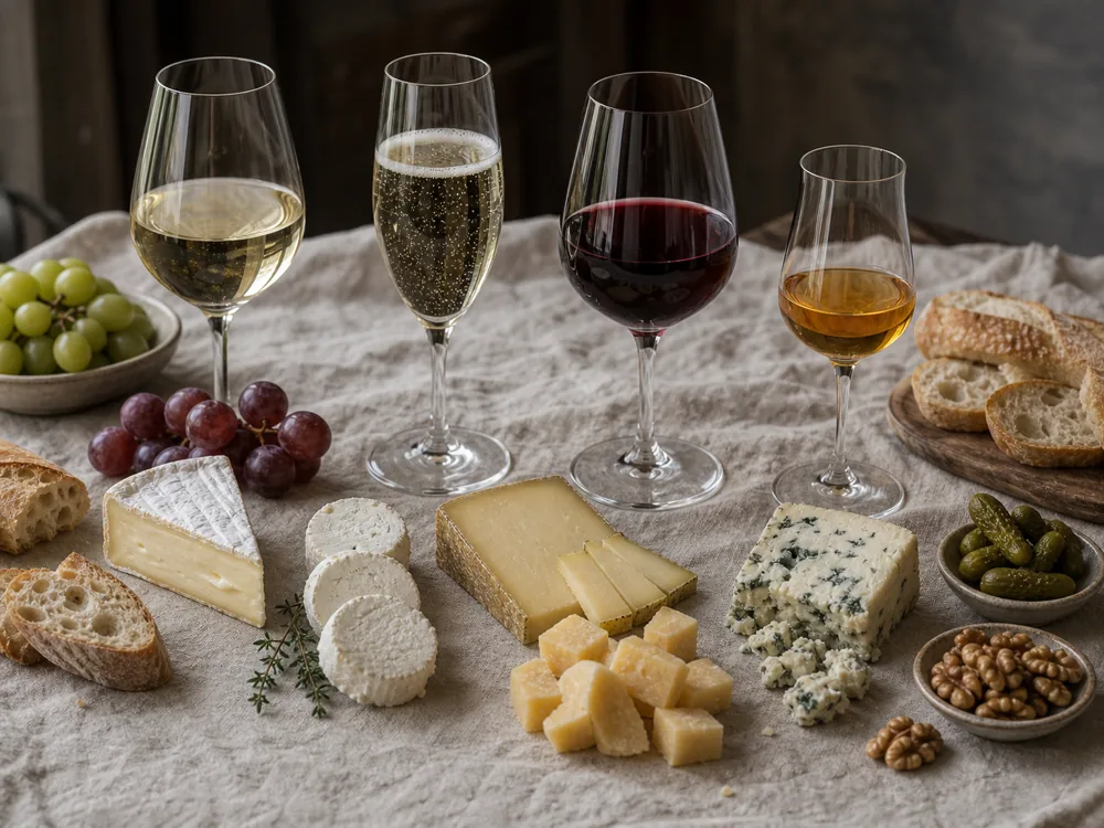 French wine and cheese structure table with white wine, sparkling wine, red wine, dessert wine, Brie, goat cheese, alpine cheese, blue cheese, bread, grapes, walnuts, and cornichons | KnowTheCheese