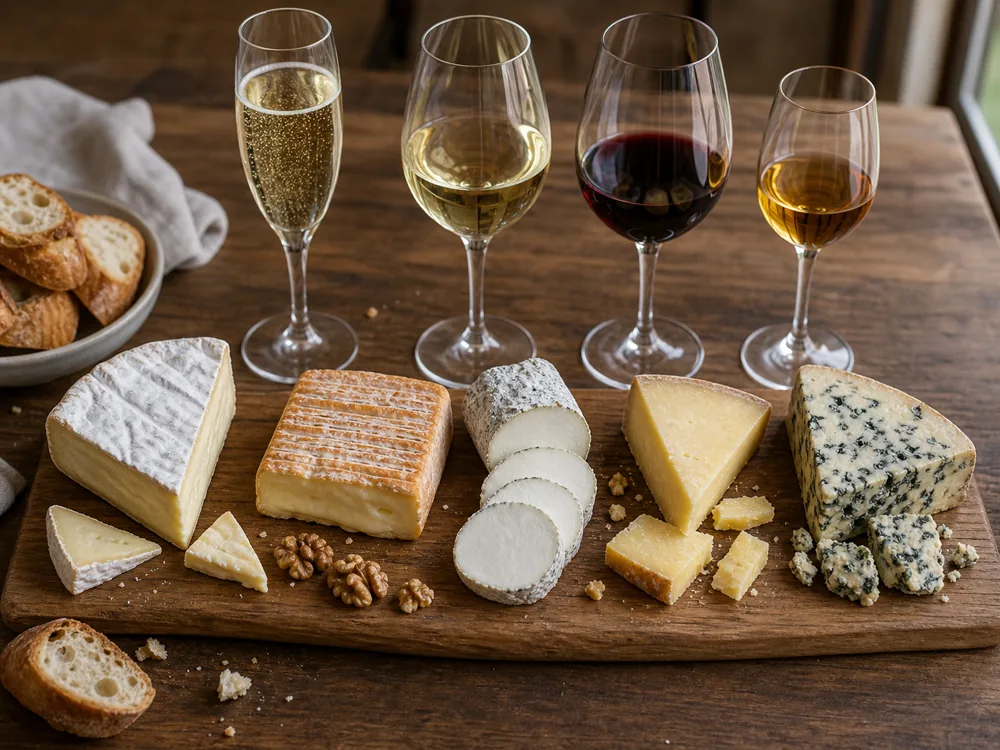 French-style cheese and wine board with soft-rind cheese, washed-rind cheese, goat cheese, aged firm cheese, blue cheese, baguette, walnuts, and wine glasses.