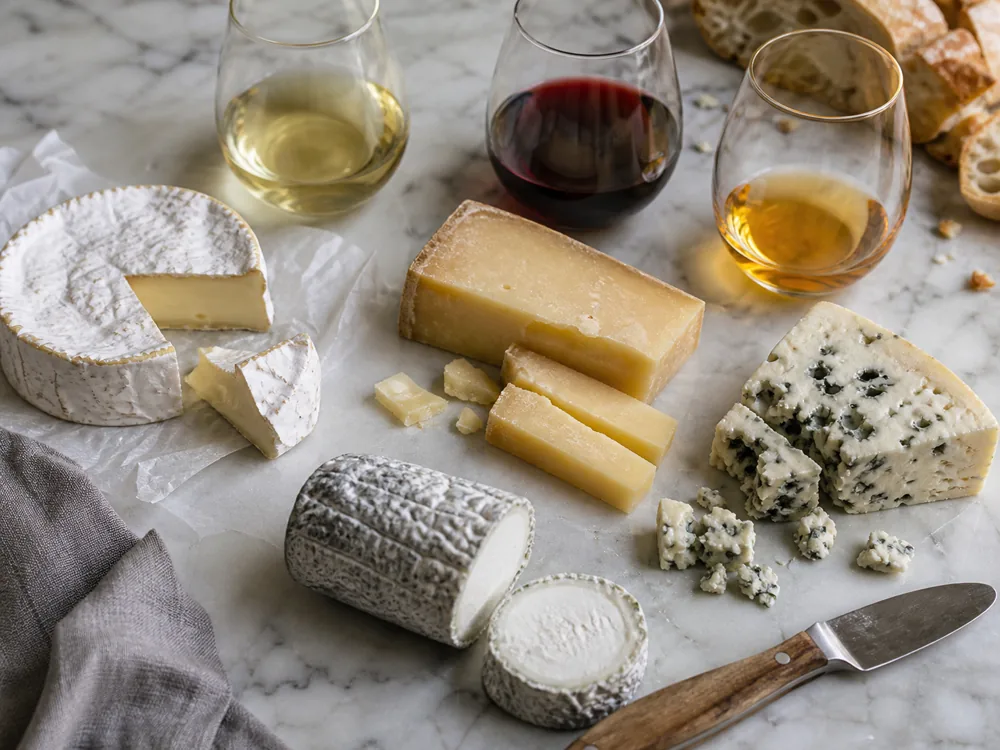 French-style bloomy, alpine, blue, and goat cheeses with wine pours - French wine cheese pairing | KnowTheCheese