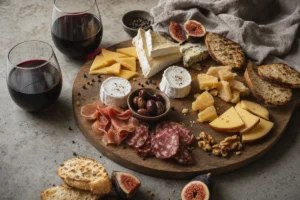 Syrah and cheese pairing board with goat cheese, Brie, cheddar, Gouda, blue cheese, figs, pepper, grilled bread, and red wine | KnowTheCheese