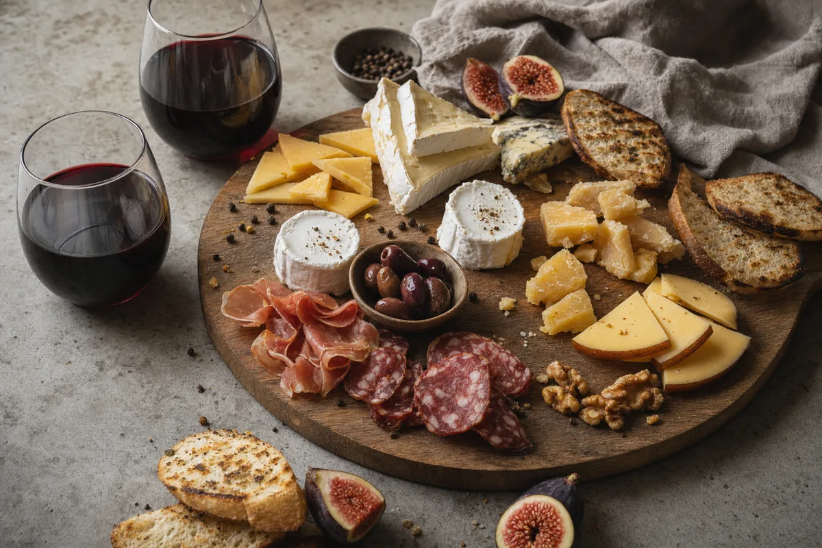 Syrah and cheese pairing board with goat cheese, Brie, cheddar, Gouda, blue cheese, figs, pepper, grilled bread, and red wine | KnowTheCheese